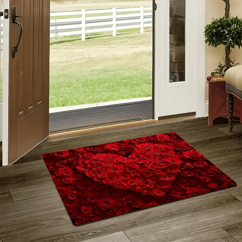 VIKAMA Vibrant Rose Carpet Heart Love Valentine Rug Non-Slip Doormat Welcome Mat Bedroom Living Room Carpet Home Decor