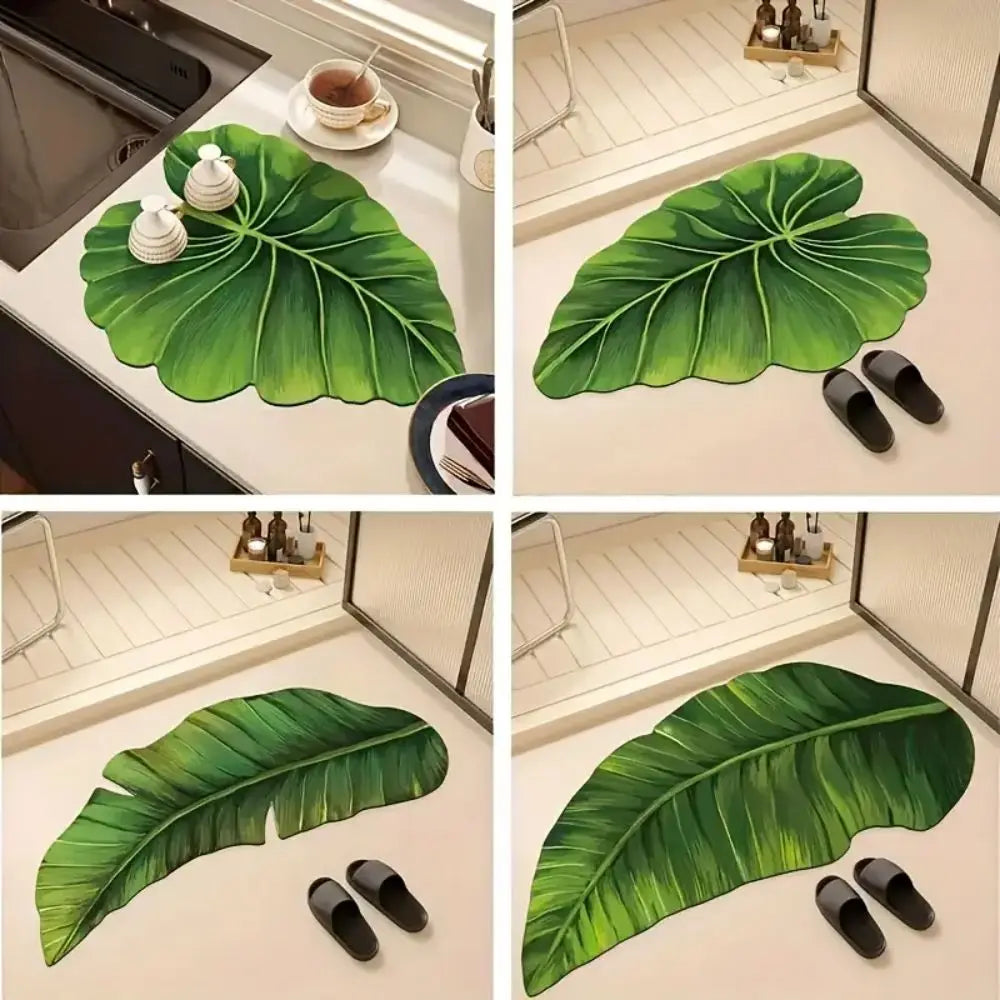VIKAMA Bath Mat Non-Slip Quick-Dry Absorbent Green Shower Rug Washable Thin Leaf Design