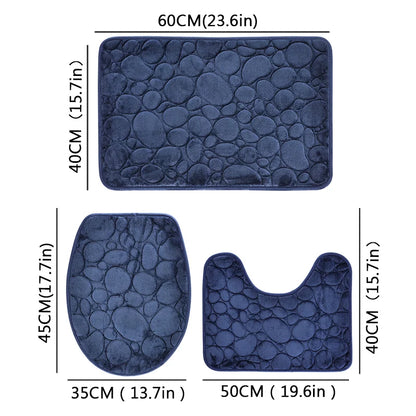 3-Piece Bathroom Mat Set Solid Color Stone Pattern Soft Comfortable Water-Absorbing Non-Slip Floor Rugs