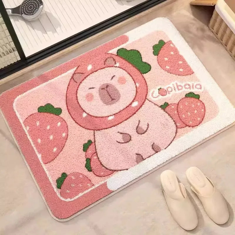 Pink Capybara Bathroom Floor Mat Imitation Cashmere Absorbent Cute Shower Door Mat