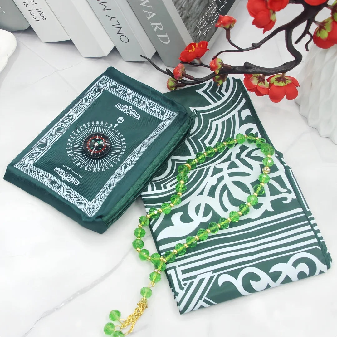 Portable foldable prayer rug with compass & beads