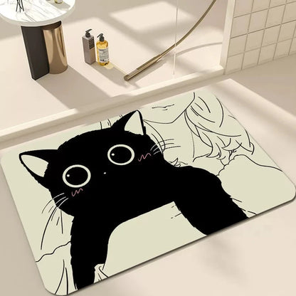 Black Cartoon Cat Welcome Door Mat Non-Slip Wear-Resistant Dirt-Resistant Rug Living Room Bedroom Home Decor