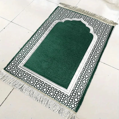 VIKAMA Dark Green Patterned Prayer Mat Soft Fringed Portable Non-Slip Indoor Outdoor Prayer Rug