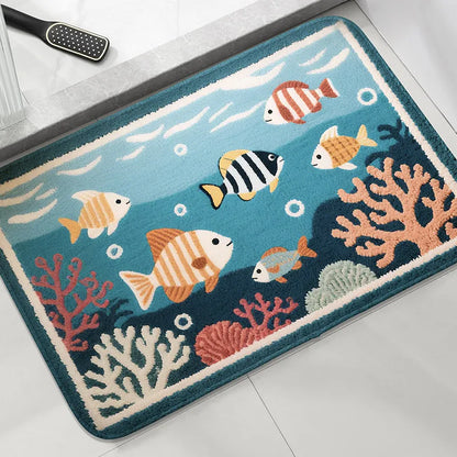 Cartoon Fish Bathroom Mat Non-Slip Absorbent Shower Room Carpet Machine Washable Floor Rug Home Decor