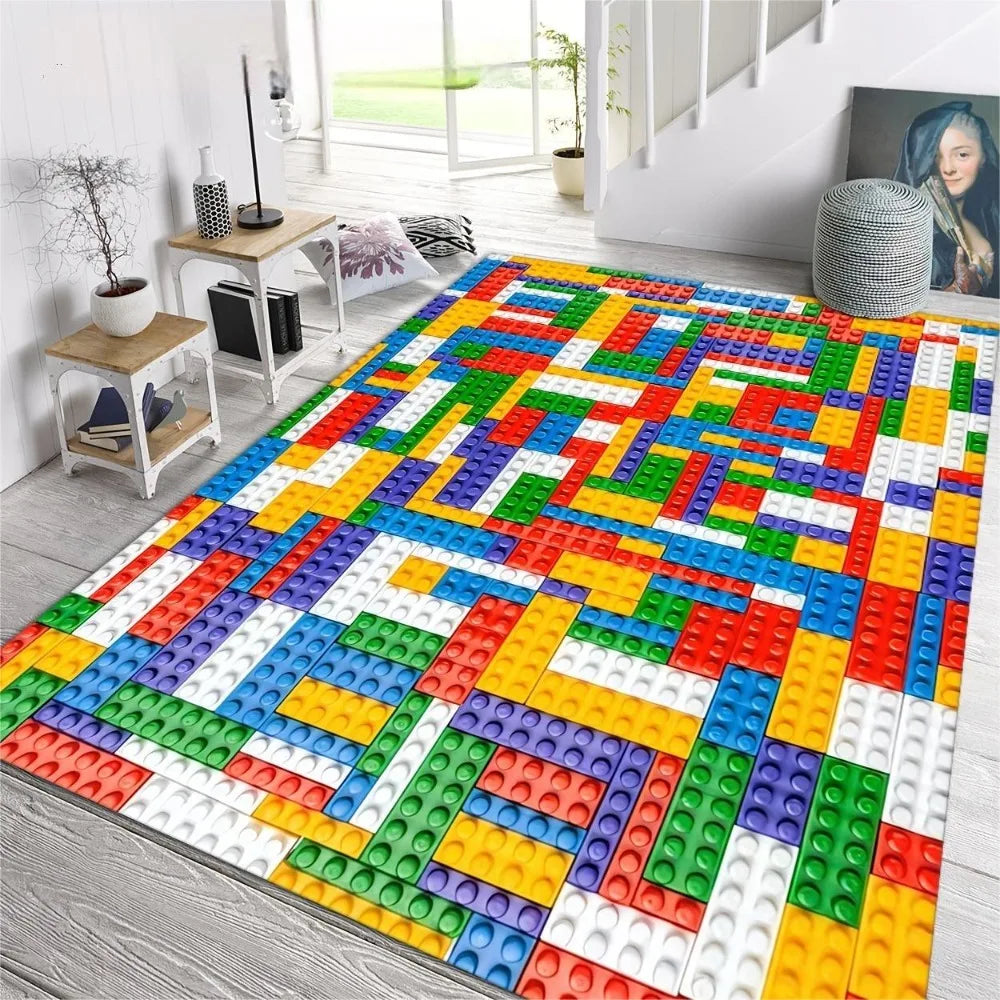 Colorful Building Blocks Rug Creative Puzzle Design Non-Slip Carpet Kids Room Playroom Living Room Bedroom Home Decor