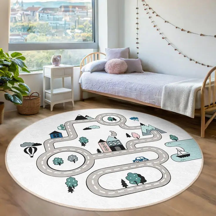 VIKAMA Kids Cartoon Road Track Round Play Rug