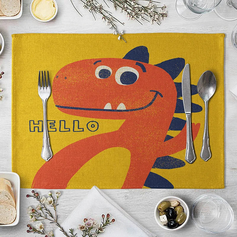 Cartoon Green Dinosaur Cotton Linen Kids Placemat Set