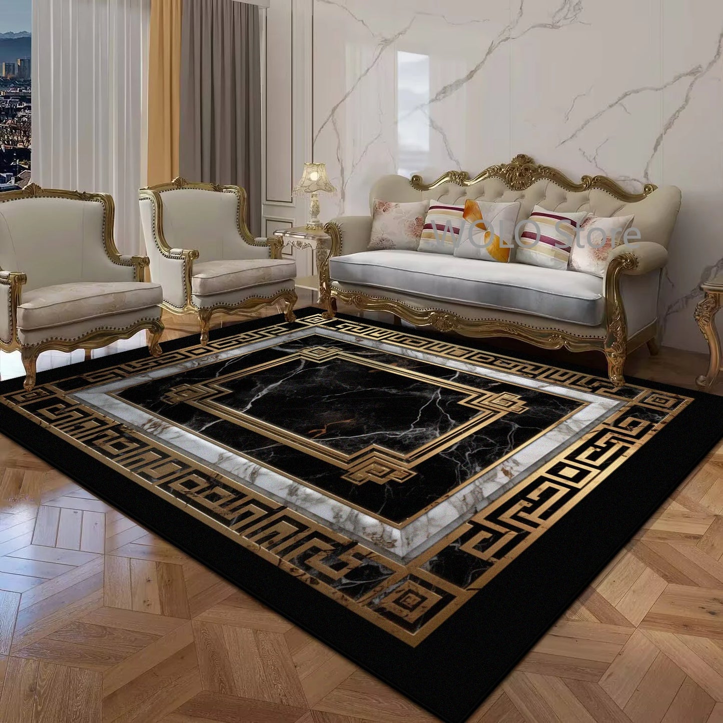 Black Gold Marble Luxury Area Rug