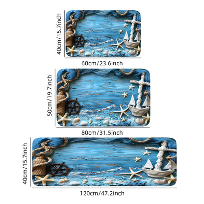 Blue Coast Wood Stripe Rope Starfish Pattern Long Kitchen Floor Mat Machine Washable Bathroom Carpet Kitchen Rug Home Decor