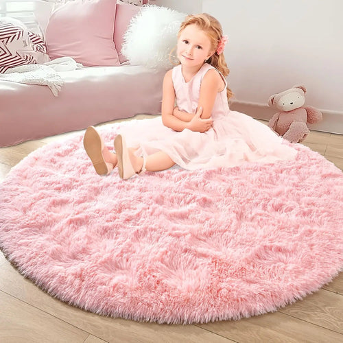 VIKAMA Pink Round Fluffy Princess Kids Area Rug