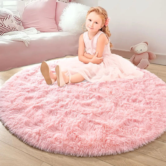 VIKAMA Pink Round Fluffy Princess Kids Area Rug