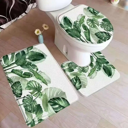 Tropical leaves bathroom mat set palm leaf flannel non-slip rug