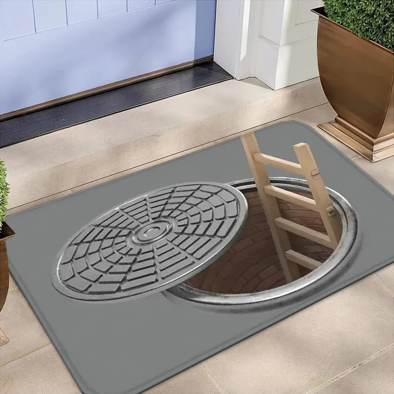 3D Illusion Manhole Cover Sewer Ladder Non-Slip Door Mat Realistic Rug Indoor Outdoor Entryway Home Decor