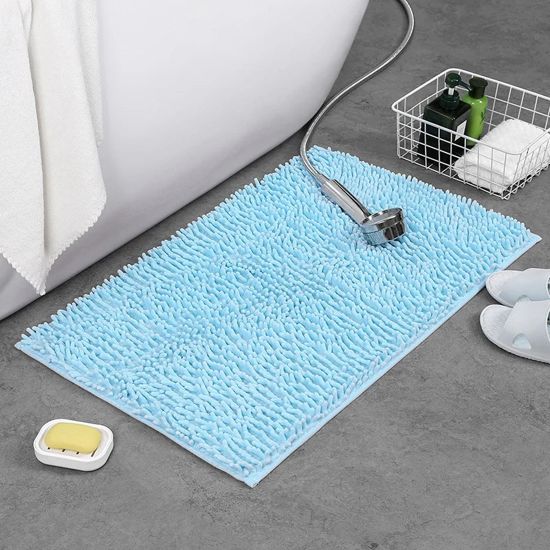 40×60cm Blue Chenille Bath Rug Soft Absorbent Non-Slip Quick-Dry Shower Carpet Machine Washable Bathroom Home Decor