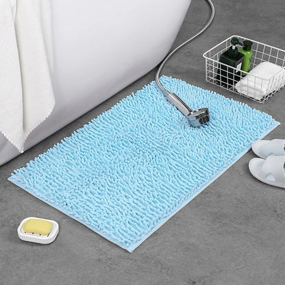 40×60cm Blue Chenille Bath Rug Soft Absorbent Non-Slip Quick-Dry Shower Carpet Machine Washable Bathroom Home Decor
