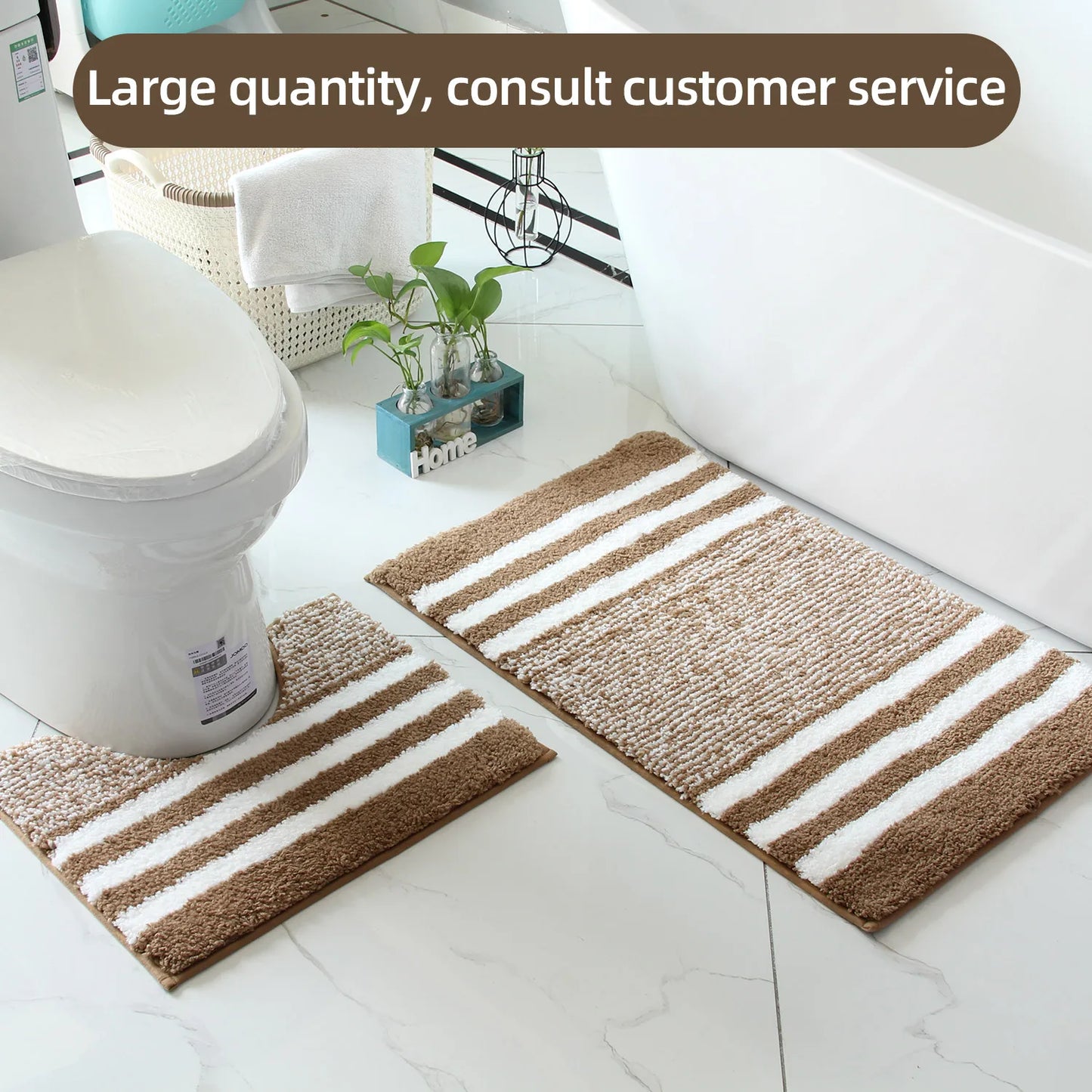 2-Piece Striped Microfiber Bathroom Mat Set Waterproof Non-Slip Quick-Dry TPR Backing Machine Washable Carpet