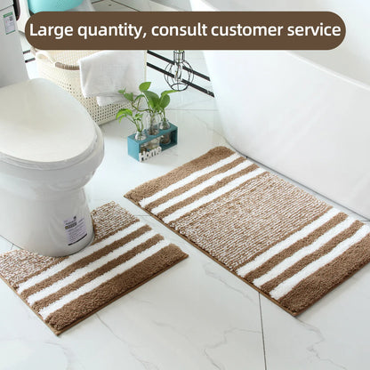 2-Piece Striped Microfiber Bathroom Mat Set Waterproof Non-Slip Quick-Dry TPR Backing Machine Washable Carpet