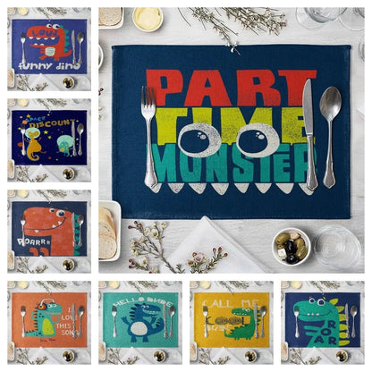 Cartoon Green Dinosaur Cotton Linen Kids Placemat Set