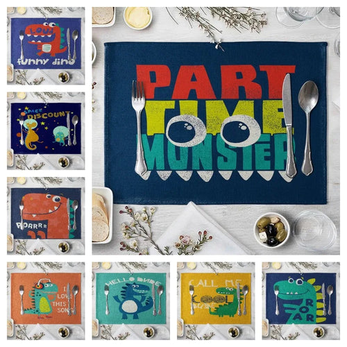 Cartoon Green Dinosaur Cotton Linen Kids Placemat Set