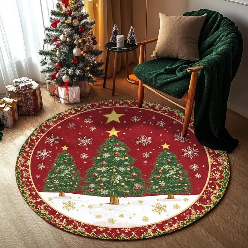 VIKAMA Festive Snowflake Christmas Tree Round Rug
