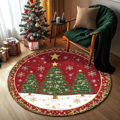VIKAMA Festive Snowflake Christmas Tree Round Rug