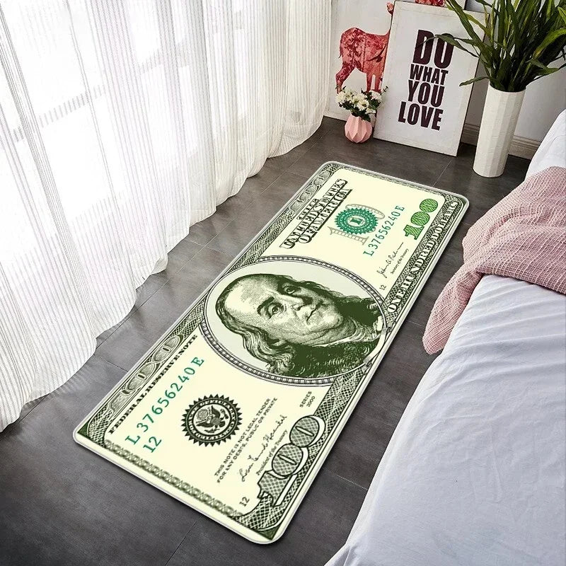 VIKAMA Creative Banknote Long Strip Floor Mat Soft Non-Slip Bedroom Bedside Rug