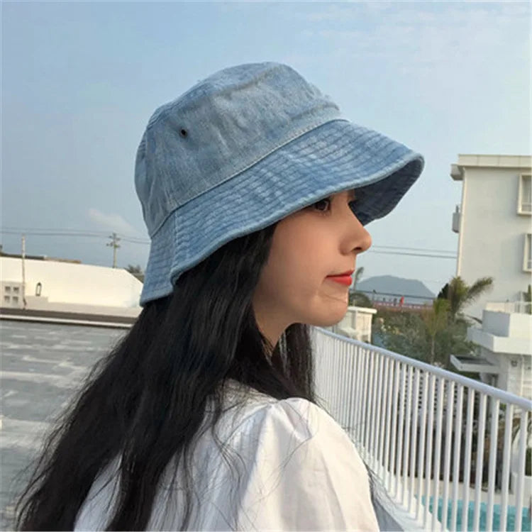 Wide Brim Denim Bucket Hat Unisex Sun Protection Cap