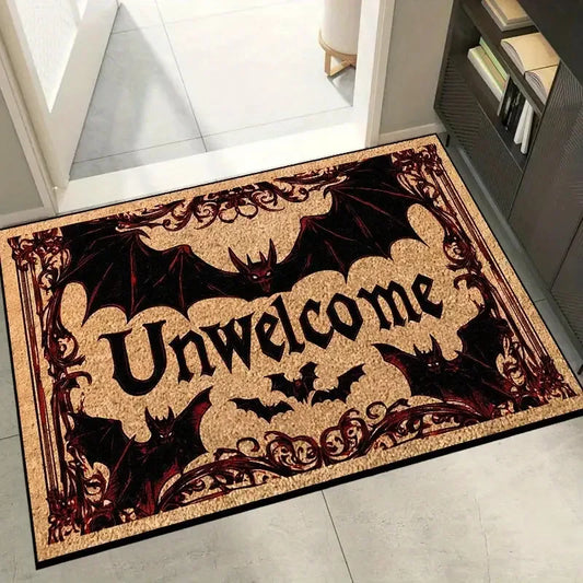 Halloween Bat Spider Web Gothic Unwelcome Mat Vintage Horror Non-Slip Door Rug Haunted House Floor Decor