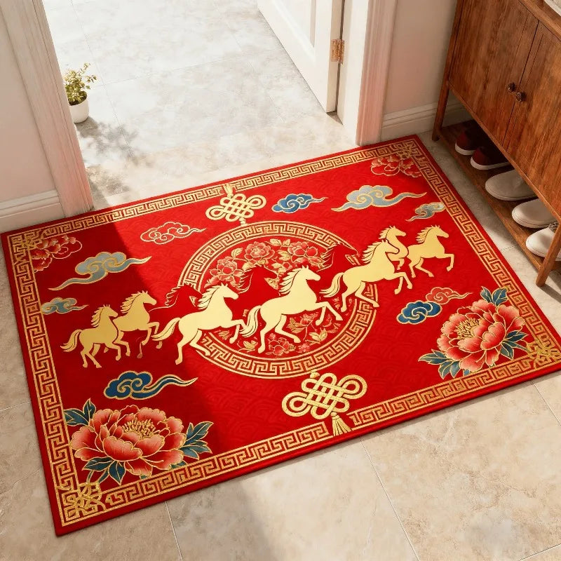 Chinese Style Red Horse Pattern Carpet Non-Slip Entrance Mat Living Room Home Decor Rug Chinese New Year Floor Mat