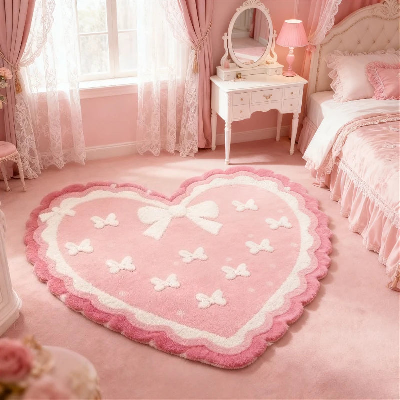 VIKAMA Bow Tie Heart Plush Rug Pink Fluffy Bedroom Bedside Valentine Decor