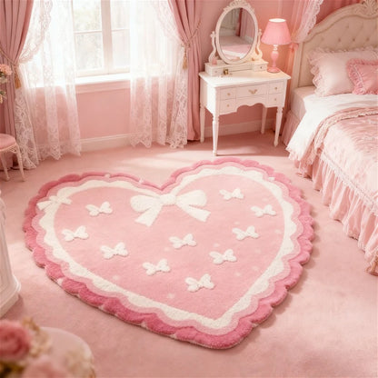 VIKAMA Bow Tie Heart Plush Rug Pink Fluffy Bedroom Bedside Valentine Decor