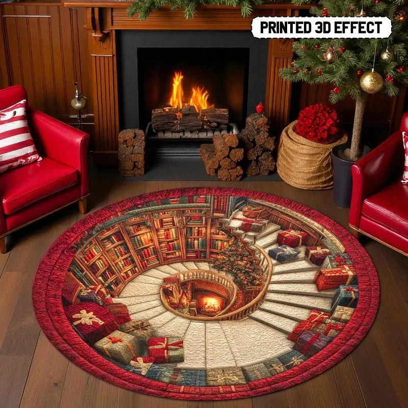 3D book library Christmas round rug