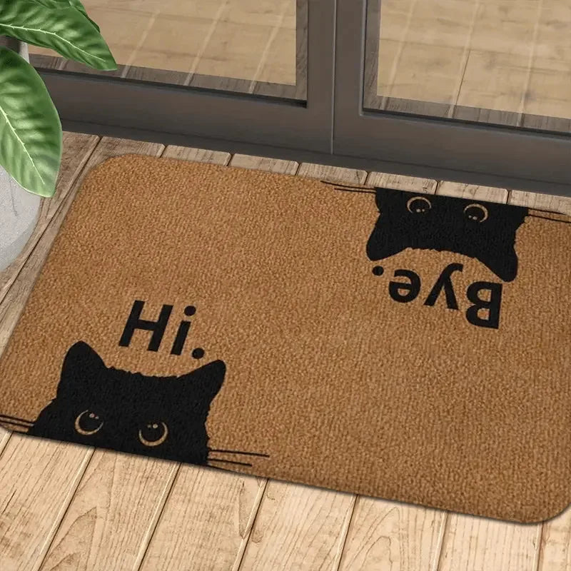 VIKAMA “Hi Bye” Black Cat Doormat Machine Washable