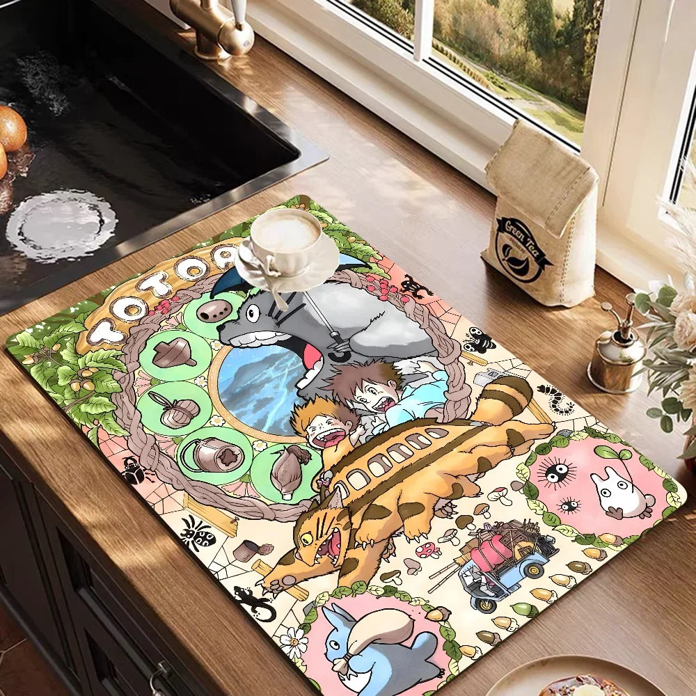 VIKAMA Anime Diatomite Dish Drying Mat Quick-Dry Non-Slip Kitchen Coffee Machine Drain Rug Home Decor