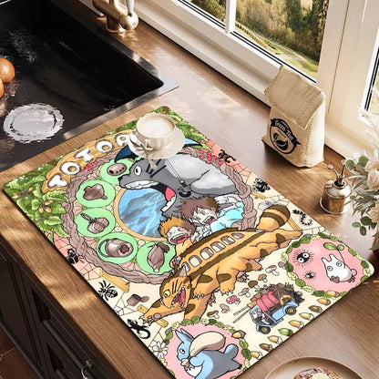 VIKAMA Anime Diatomite Dish Drying Mat Quick-Dry Non-Slip Kitchen Coffee Machine Drain Rug Home Decor