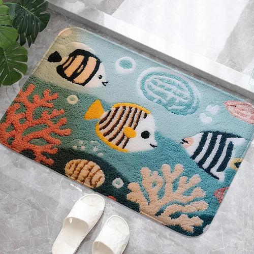 Ocean Theme Bathroom Floor Mat Water-Absorbing Non-Slip Machine Washable Toilet Door Rug Retro Home Decor