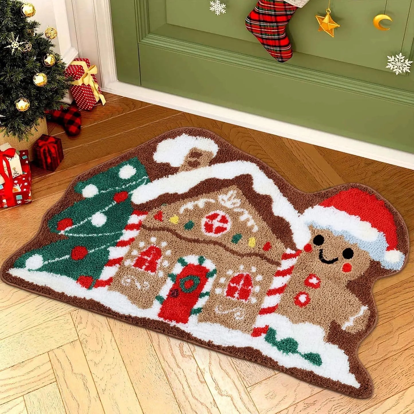 VIAMA Christmas Gingerbread House Rug Soft Non-Slip Bathroom Door Mat Holiday Floor Carpet