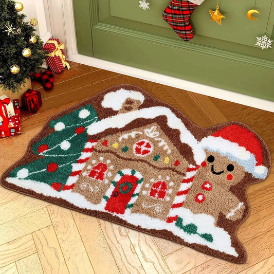 VIAMA Christmas Gingerbread House Rug Soft Non-Slip Bathroom Door Mat Holiday Floor Carpet