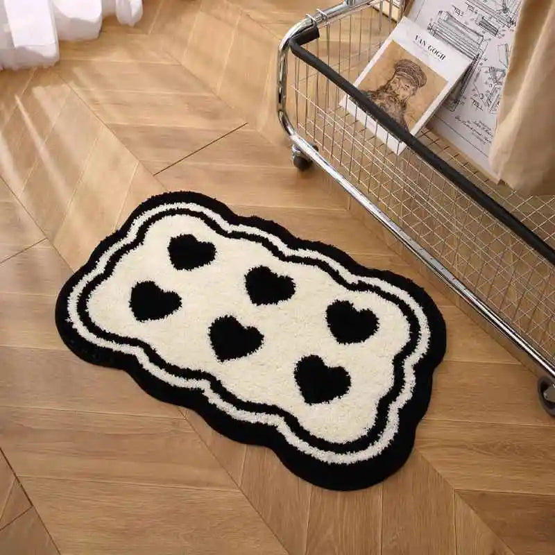 VIKAMA Black White Plush Entry Mat Non-Slip Wear-Resistant Bathroom Door Carpet