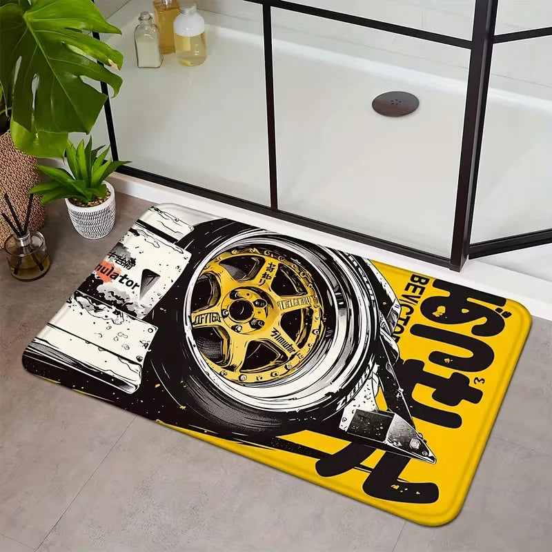Racing car themed entryway door mat