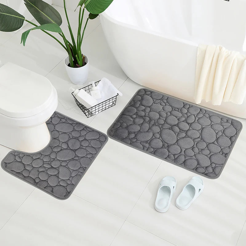 2-Piece Coral Velvet Bathroom Mat Set Pebble Embroidered U-Shaped Toilet Rug Absorbent Non-Slip Door Mat Home Decor