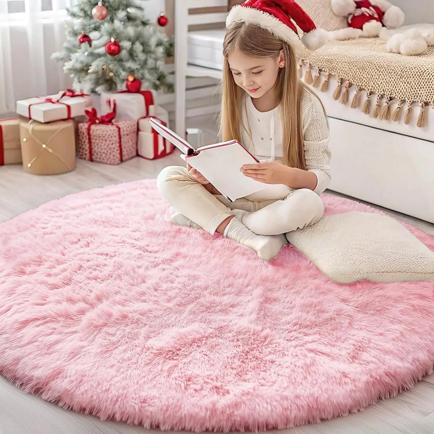 Pink Fluffy Round Girls Area Rug