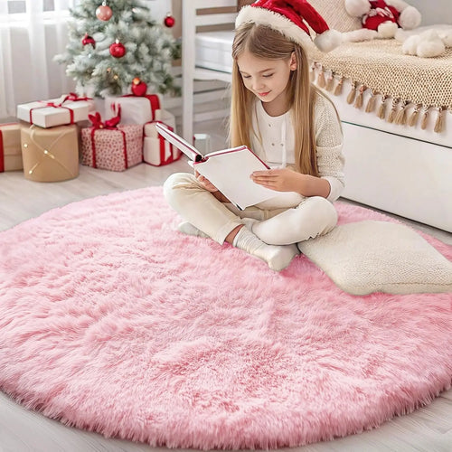 Pink Fluffy Round Girls Area Rug