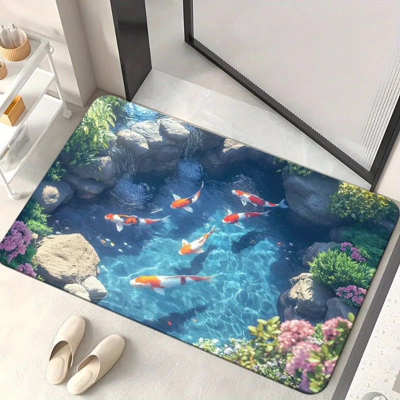 3D Underwater Koi Fish Ice Cave Rug Realistic Stereo Illusion Non-Slip Carpet Bathroom Home Decor