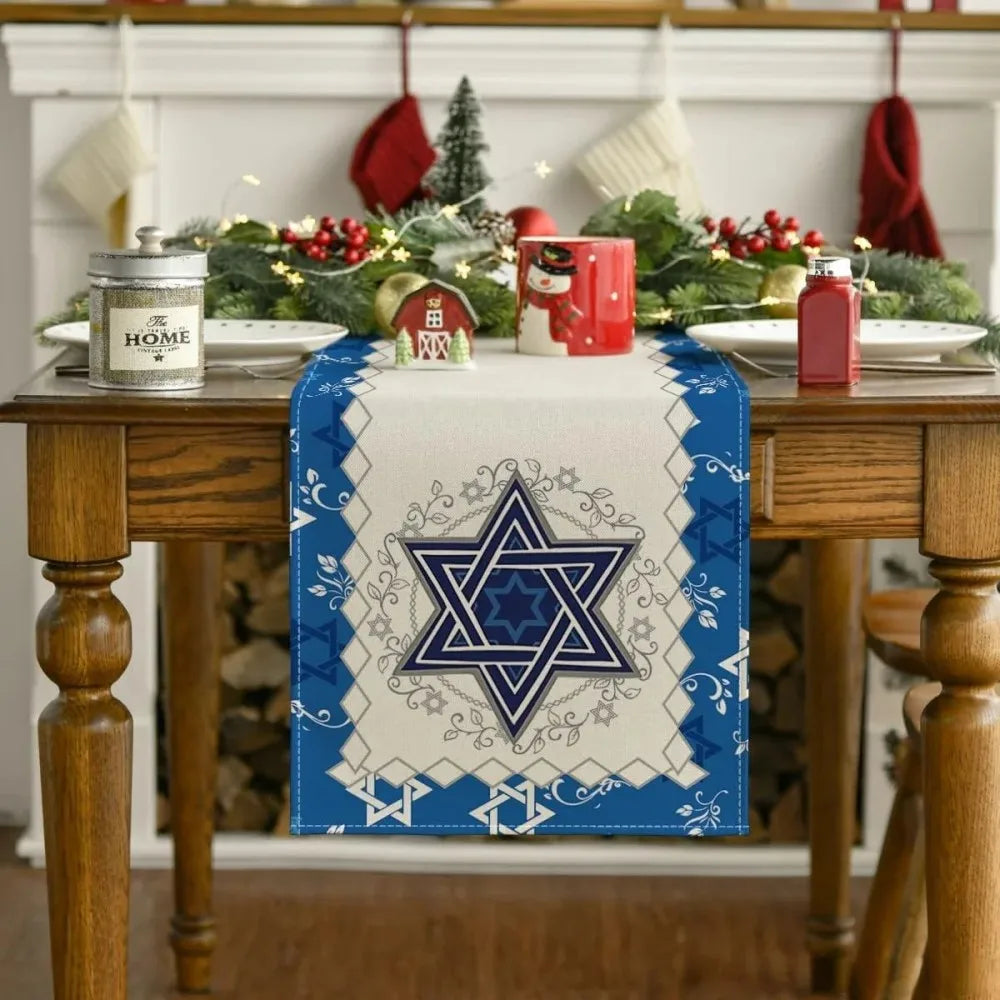 Elegant Linen Tablecloth Star of David Seven-Branched Candlestick Passover Table Decor