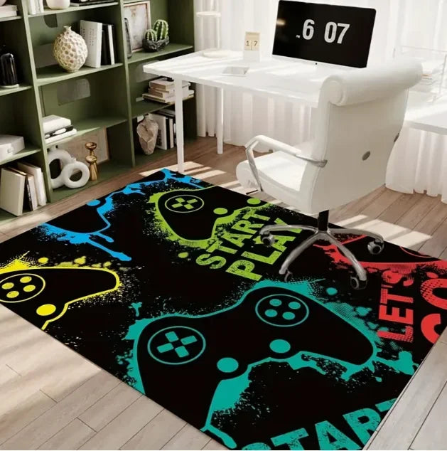 Gaming Player Flannel Floor Mat Halloween Controller Pattern Non-Slip Carpet Game Room Atmosphere Rug Home Decor