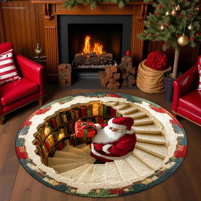 Christmas 3D Illusion Round Rug Santa Snow Scene Non-Slip Floor Mat Living Room Xmas Party Decor