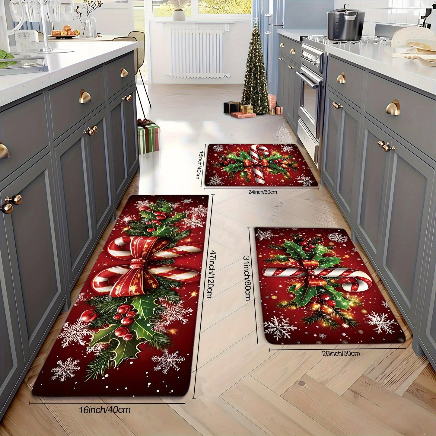 Merry Christmas candy cane snowflake kitchen mat festive holiday decor rug