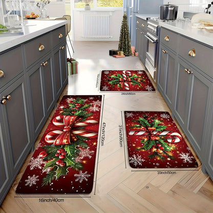 Merry Christmas candy cane snowflake kitchen mat festive holiday decor rug