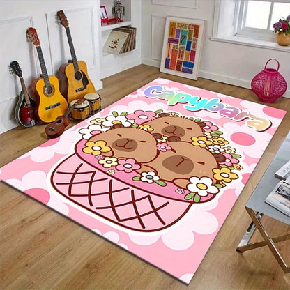 Cute Capybara Cartoon Rug Lucky Heart Pattern Non-Slip Carpet Kids Room Living Room Home Decor Playful Animal Mat